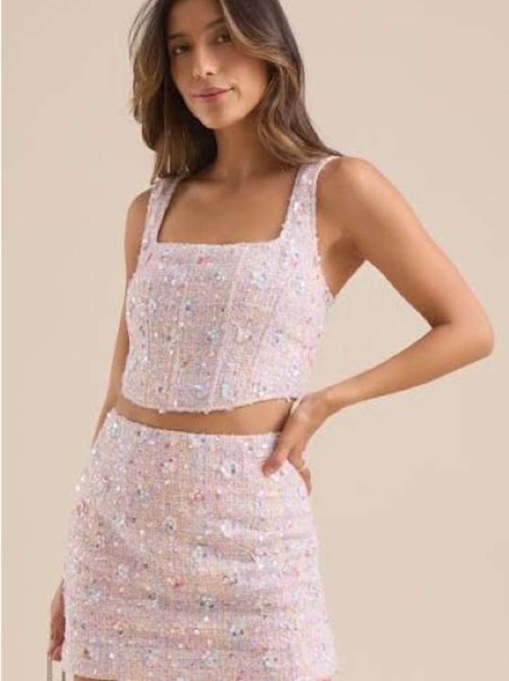 Altar'd State Pastel Pink Multicolor Sequin Tweed Crop Top & Skirt Set